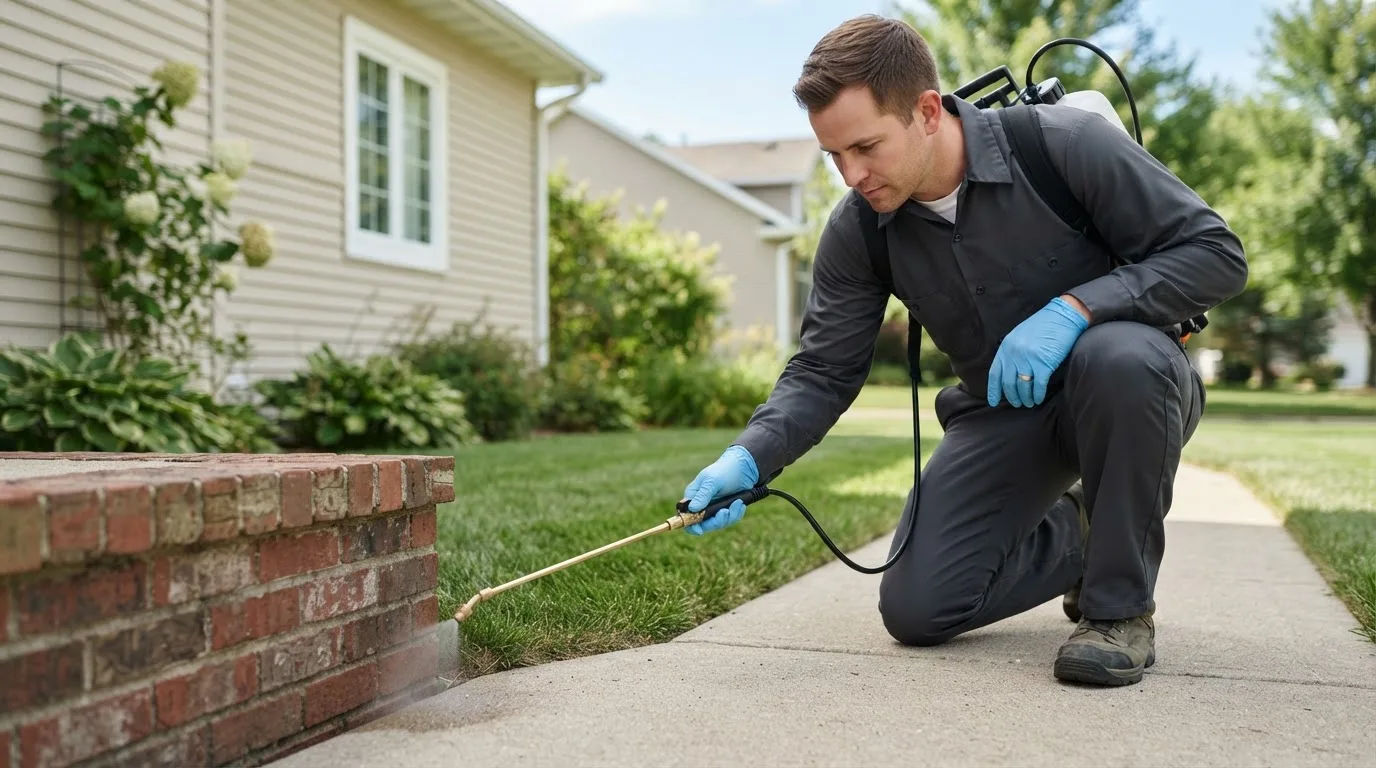 Pest control technician treating a home near Clymer, PA